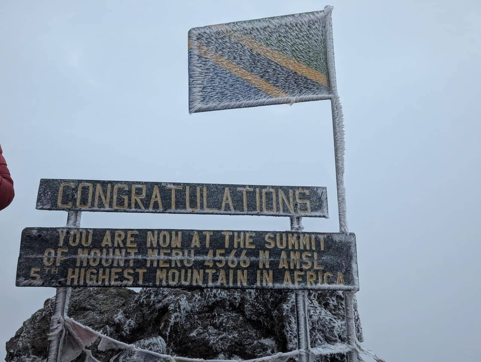 Trust Tours climbers at the Mount Meru summit sign